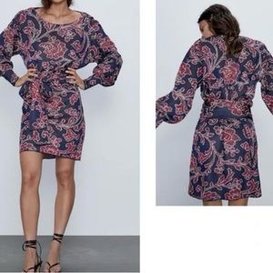 - NEW Zara Jacquard navy red long sleeve tie waist dress